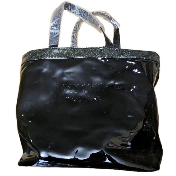 JIMMY CHOO Patent PVC BLACK Glossy XLarge Parfums Tote Bag Metallic Trim - Picture 1 of 9